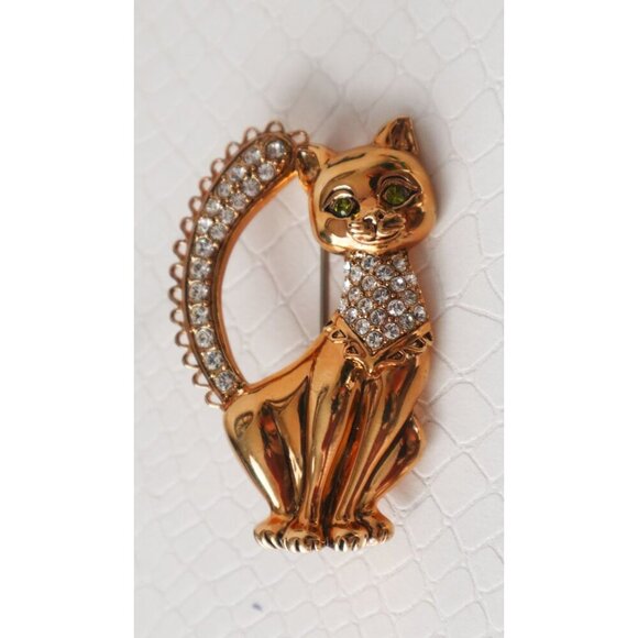 Vintage Cat Gold Tone Butler Rhinestone Brooch Pin - Picture 3 of 5